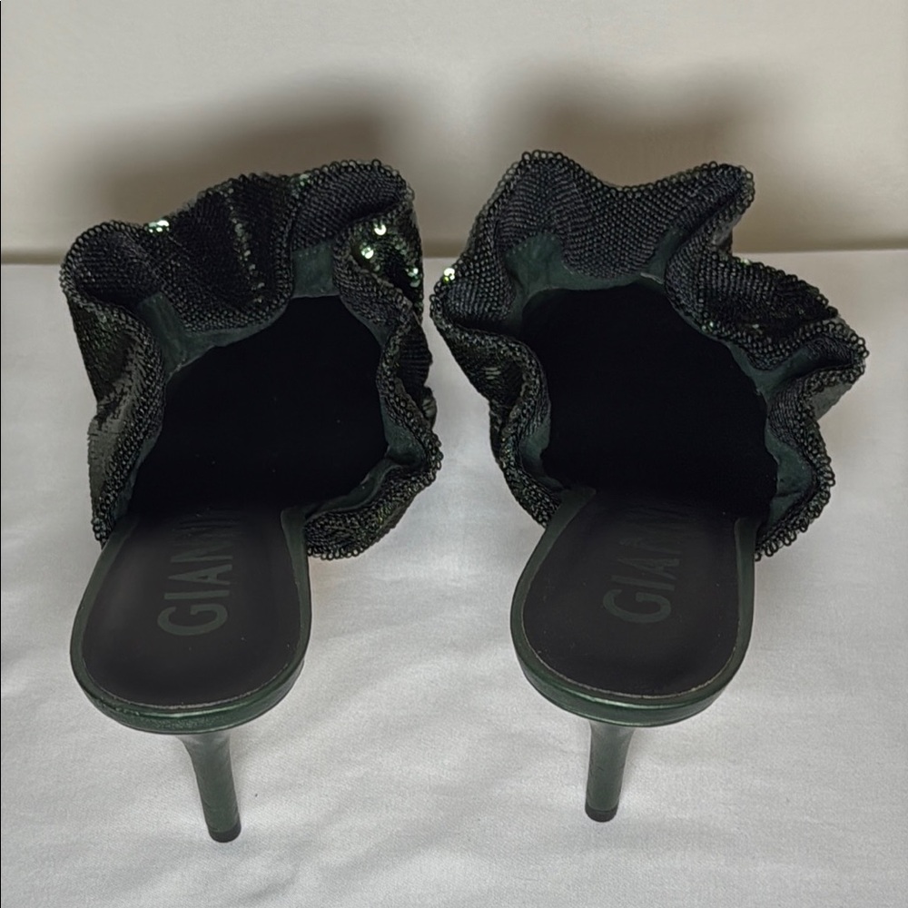 Gianni Bini Dark Green Ruffle and Sequin Kitten Heels - Picture 5 of 13